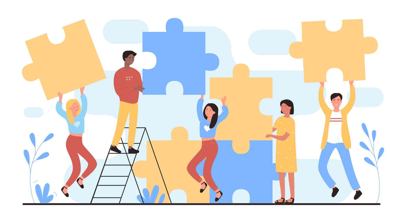 People connect puzzles, cartoon happy young team of characters connecting puzzle pieces together